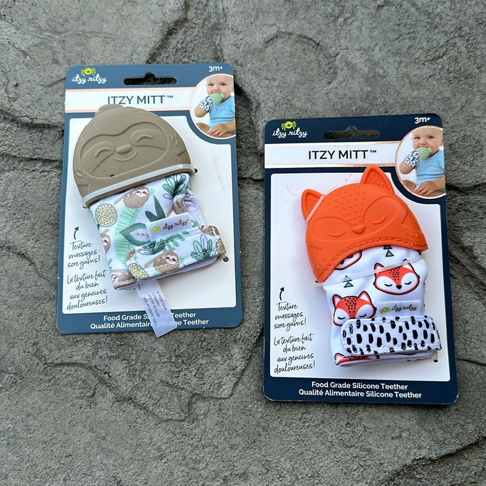 Lot of 2 Itzy Ritzy Mitt Teether Silicone Velcro Teething Baby Gender Neutral